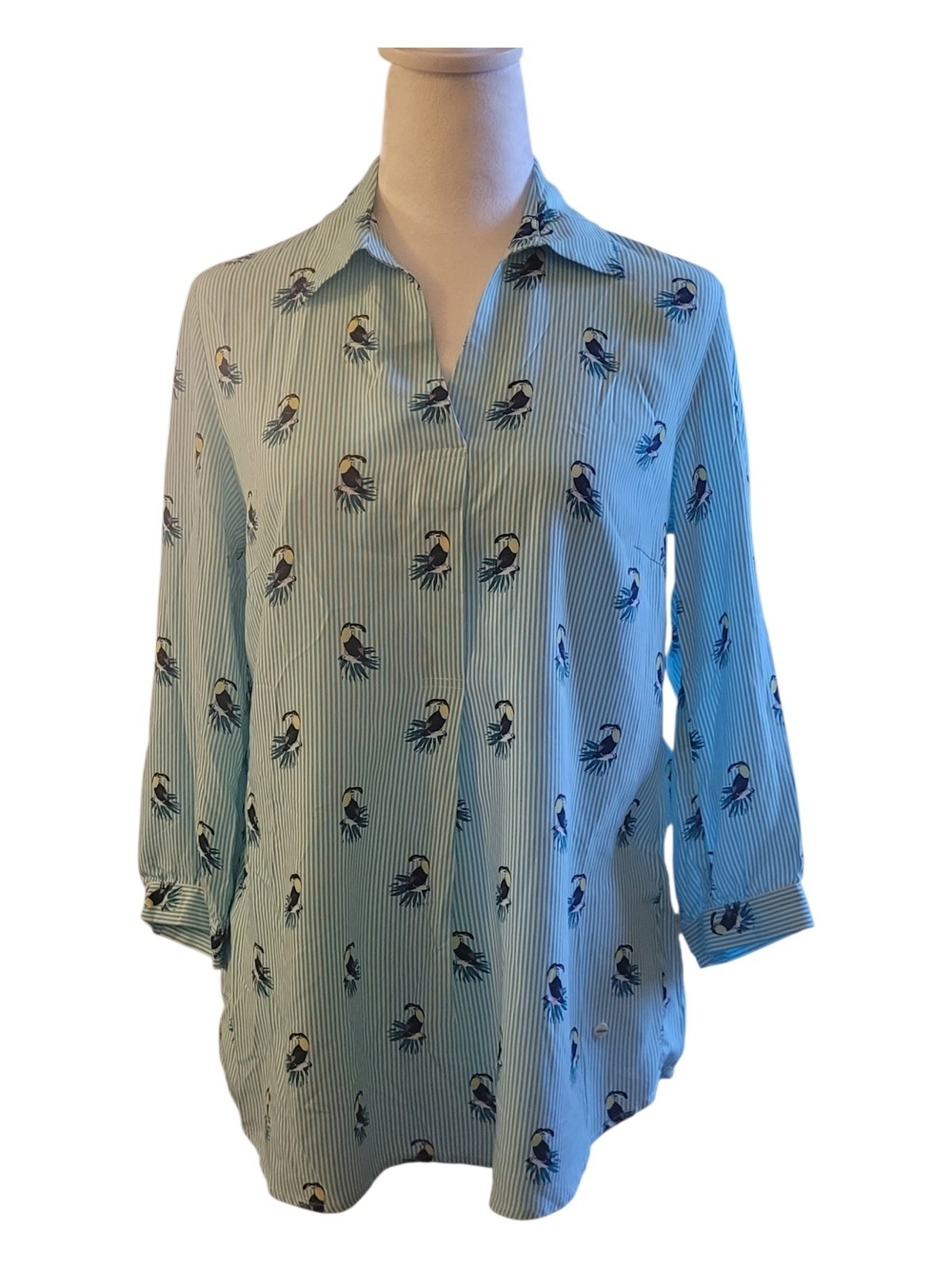 Olsen Striped Blue Toucan-Print Tunic Blouse